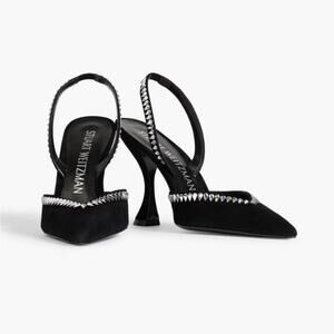 STUART WEITZMAN Gem Cut Crystal Embellished Black Suede Slingback Pumps Size 6.5
